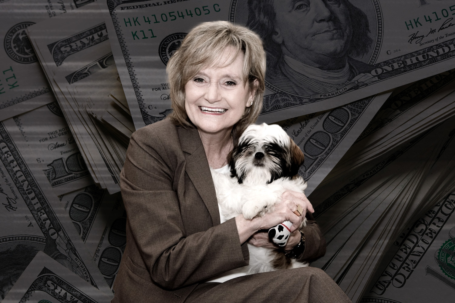 Photo illustration of Sen. Cindy Hyde-Smith smiling and holding a small dog in front of piles of hundred-dollar bills